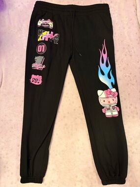 Hello Kitty juniors XL/adult L Black Sweatpants with Pink & Blue Flame Graphics